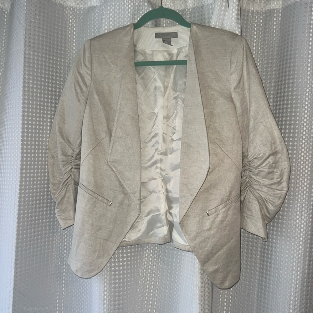 Tan blazer with ruche sleeves